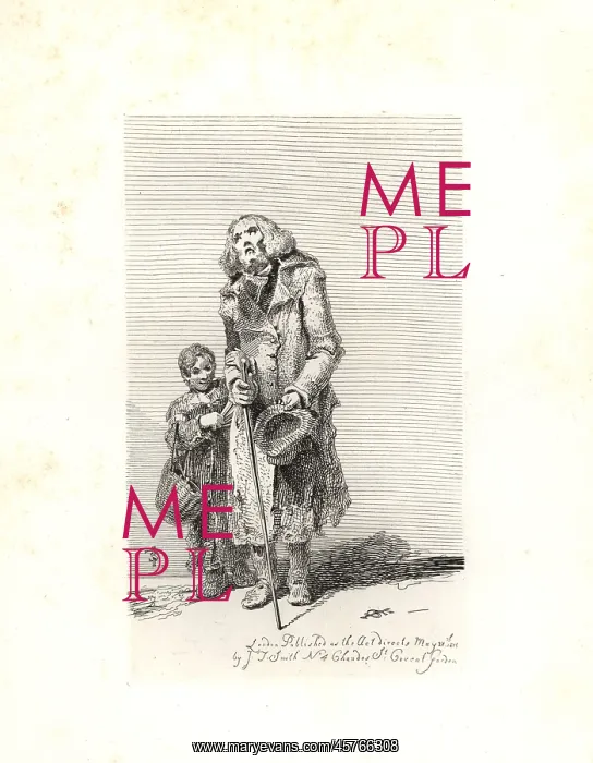 : Blind beggar with walking stick attended by : Blind beggar with walking stick attended by