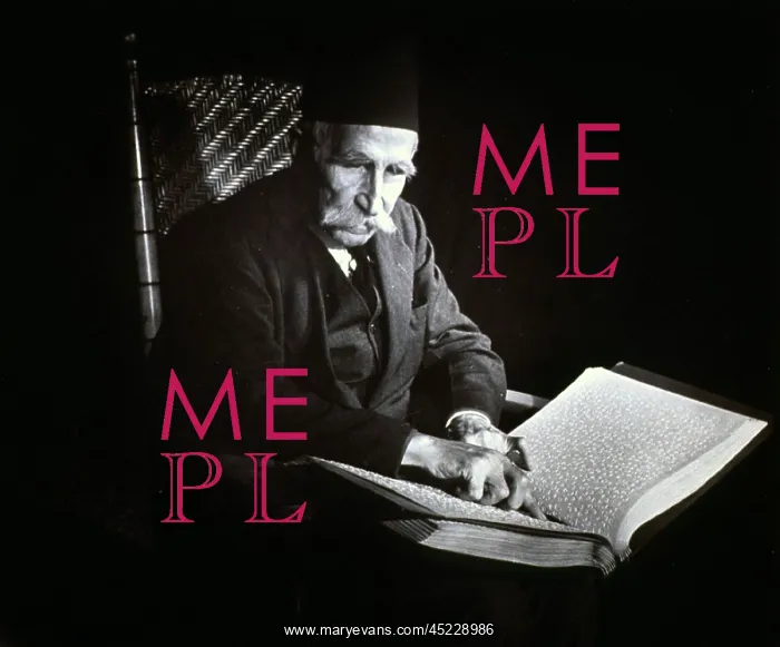 : Blind man reading a Braille book, ca. 1938.? : Blind man reading a Braille book, ca. 1938.?