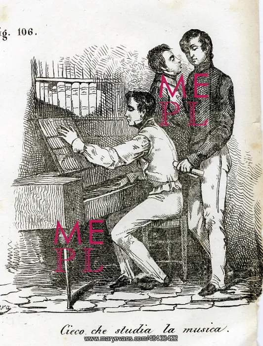 : Blind men studying music at a piano keyboard : Blind men studying music at a piano keyboard