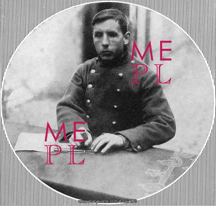 : Blinded French soldier learning to write, WW1 : Blinded French soldier learning to write, WW1