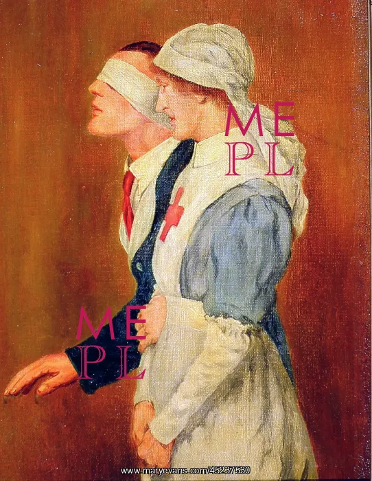 : Blinded soldier being helped by a nurse, WW1 : Blinded soldier being helped by a nurse, WW1