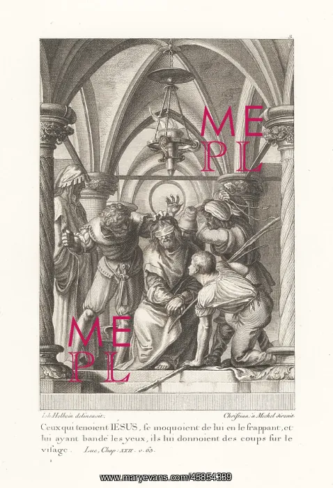 : Blindfolded Jesus Christ is mocked and beaten by his guards : Blindfolded Jesus Christ is mocked and beaten by his guards