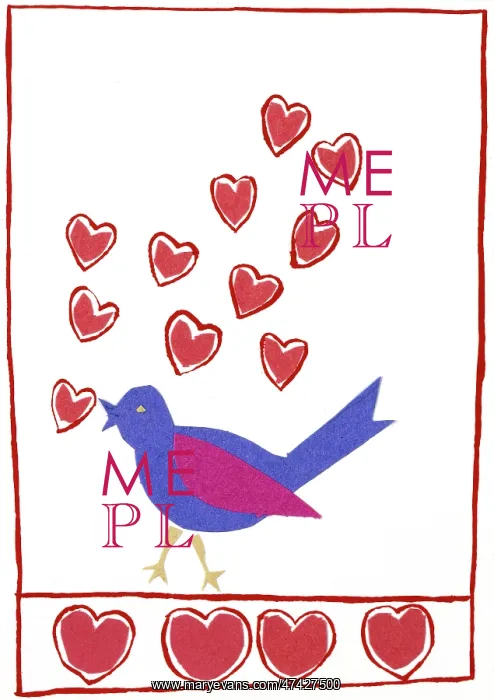  : Blue Bird with Hearts (collage)