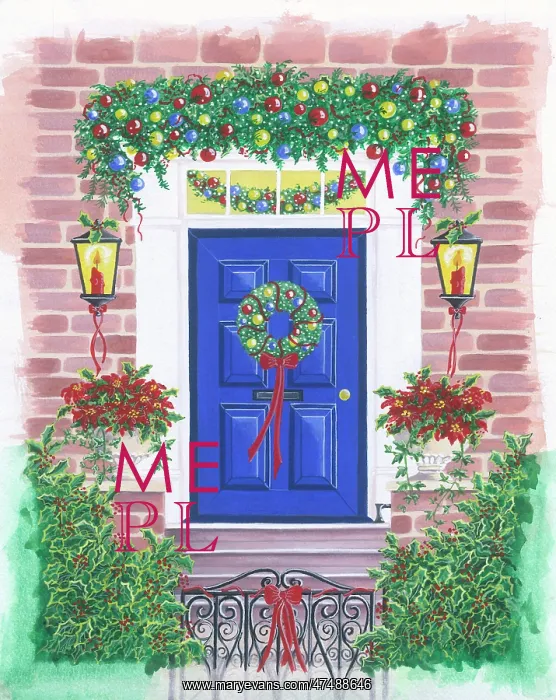 : Blue front door with holly wreath : Blue front door with holly wreath
