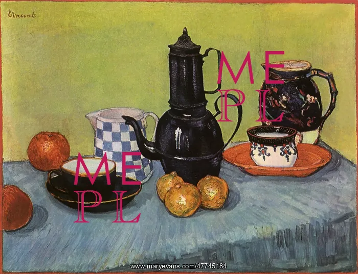 : Blue Enamel Coffeepot, Earthenware and Fruit, by Van Gogh : Blue Enamel Coffeepot, Earthenware and Fruit, by Van Gogh