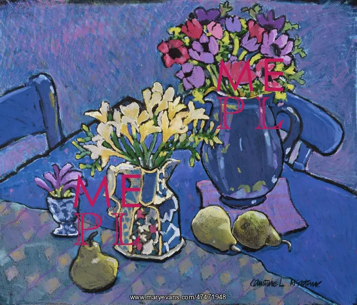 : Blue Still Life ' flowers and pears : Blue Still Life ' flowers and pears
