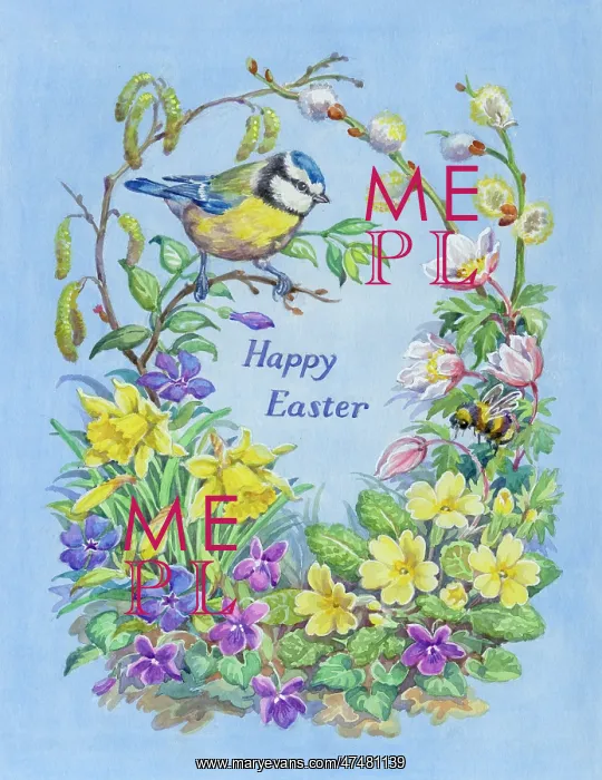 : Blue tit and bumble bee with spring flowers : Blue tit and bumble bee with spring flowers