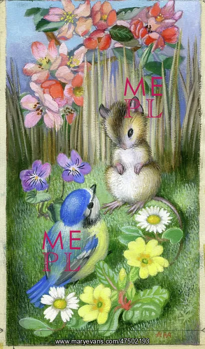 : Blue tit and mouse amongst spring flowers : Blue tit and mouse amongst spring flowers