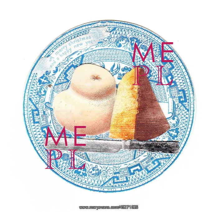 : Blue and white plate with bread on a Christmas card : Blue and white plate with bread on a Christmas card