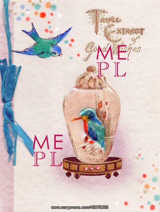 : Bluebird, kingfisher and jar on a greetings card : Bluebird, kingfisher and jar on a greetings card