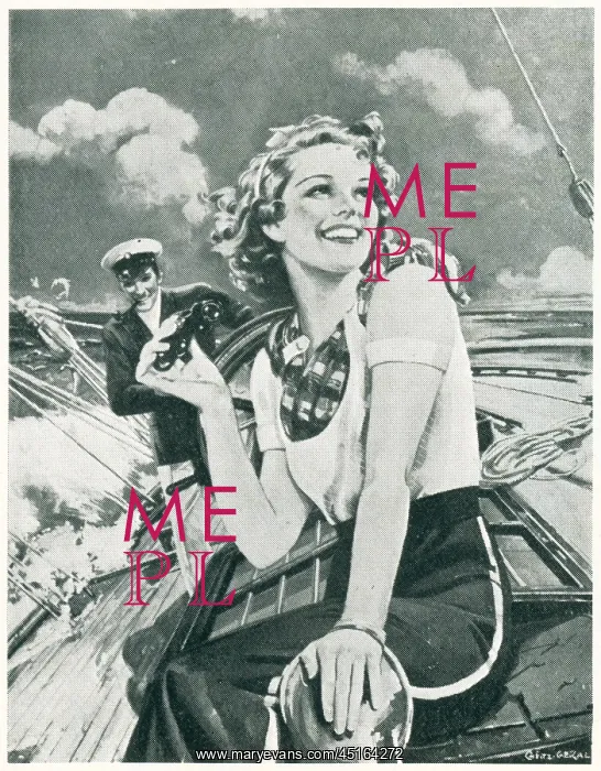: On A Boat. An advertisement illustration showing a smiling young woman : On A Boat. An advertisement illustration showing a smiling young woman