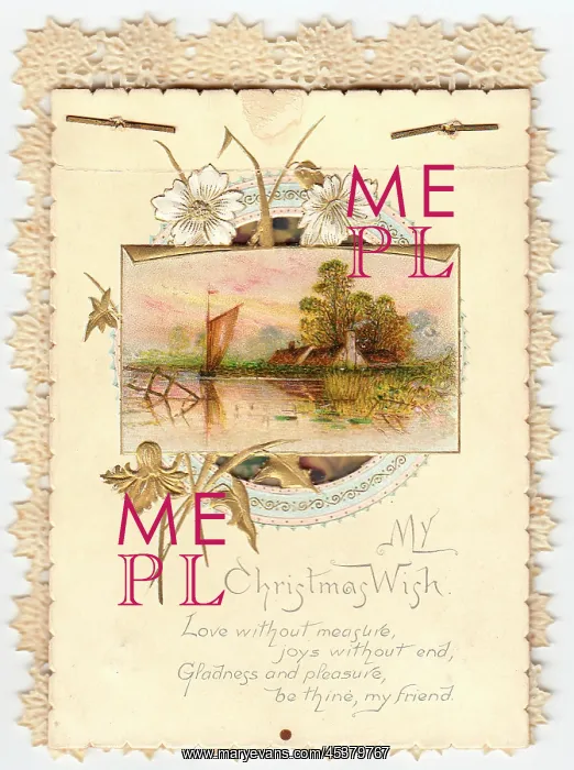 : Boating scene on a lacy-edged Christmas card : Boating scene on a lacy-edged Christmas card