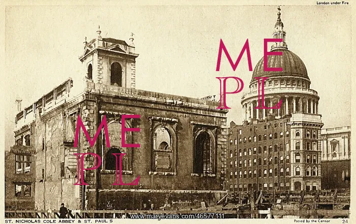 : Bomb Damage, London - Shell of St. Nicholas Cole Abbey : Bomb Damage, London - Shell of St. Nicholas Cole Abbey
