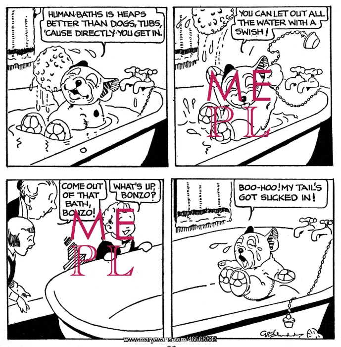 : Bonzo the cartoon dog getting stuck in the bath : Bonzo the cartoon dog getting stuck in the bath