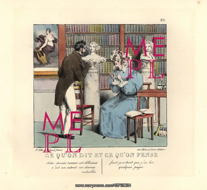 : Bookish woman in a library talking to an author : Bookish woman in a library talking to an author