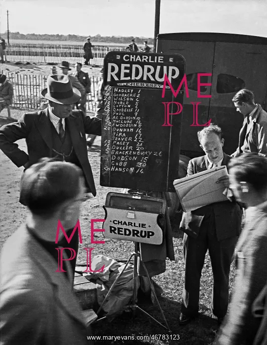 : Bookmaker and punters at racecourse : Bookmaker and punters at racecourse