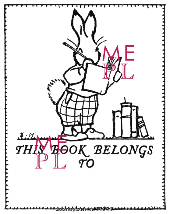 : Bookplate design, rabbit and books : Bookplate design, rabbit and books