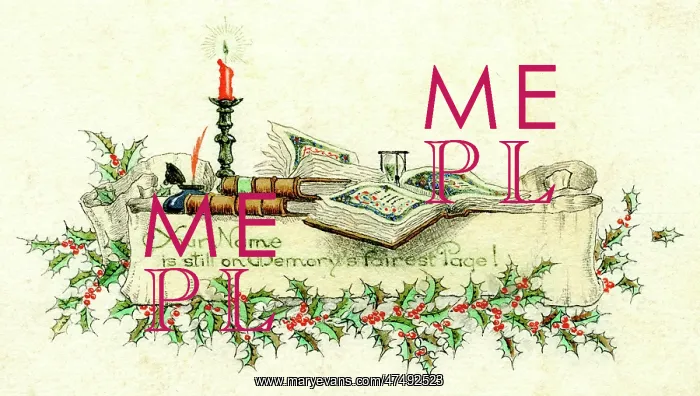 : Books, candle, holly and scroll : Books, candle, holly and scroll