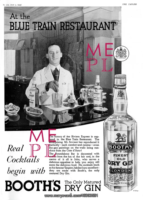 : Booth's Gin advertisement - the Blue Train restaurant : Booth's Gin advertisement - the Blue Train restaurant
