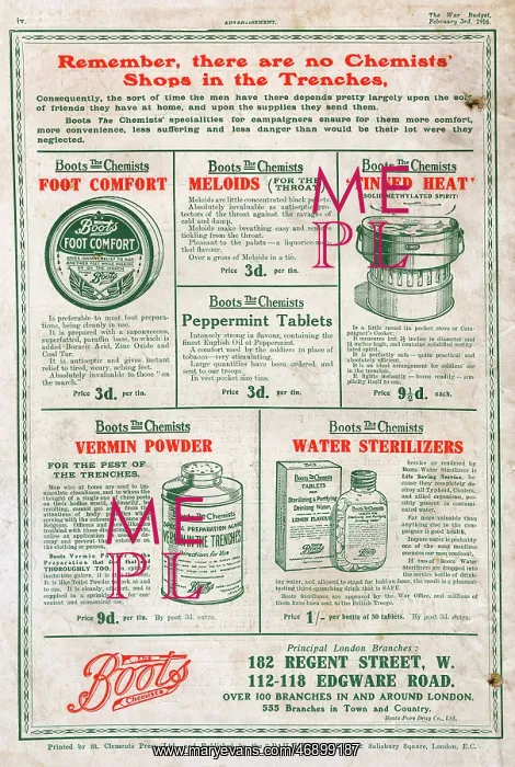 : Boots advertisement WW1 - comforts for the trenches : Boots advertisement WW1 - comforts for the trenches
