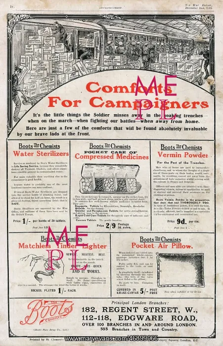 : Boots - Comforts for Campaigners advertisement, WWI : Boots - Comforts for Campaigners advertisement, WWI