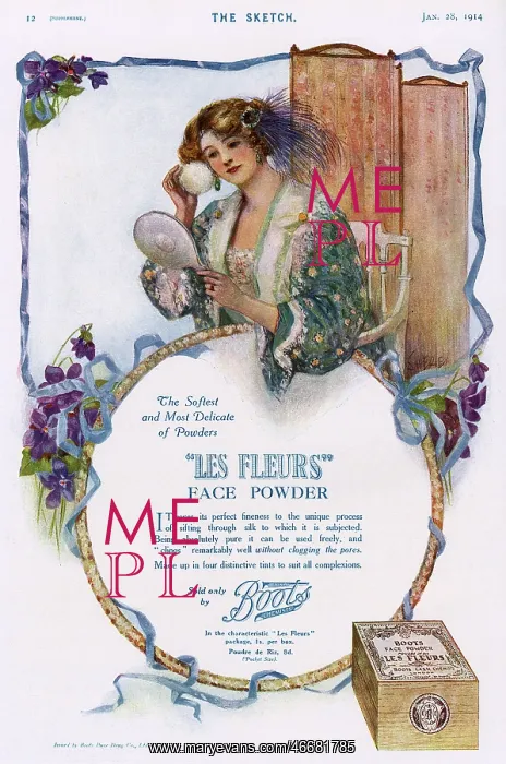 : Boots Les Fleurs face powder advertisement, 1914 : Boots Les Fleurs face powder advertisement, 1914