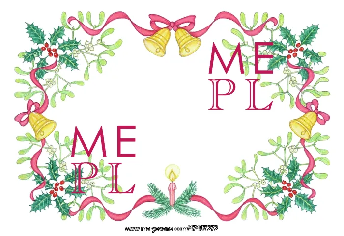 : Border design with bells, ribbon, holly, mistletoe : Border design with bells, ribbon, holly, mistletoe