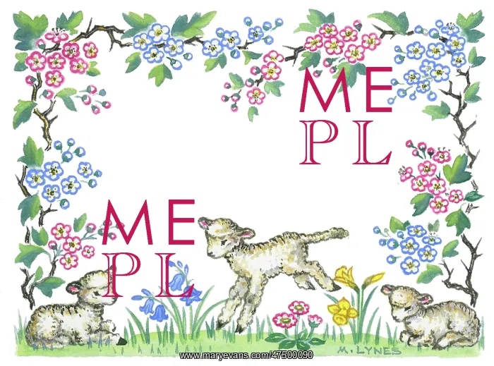 : Border design of flowers and three lambs : Border design of flowers and three lambs