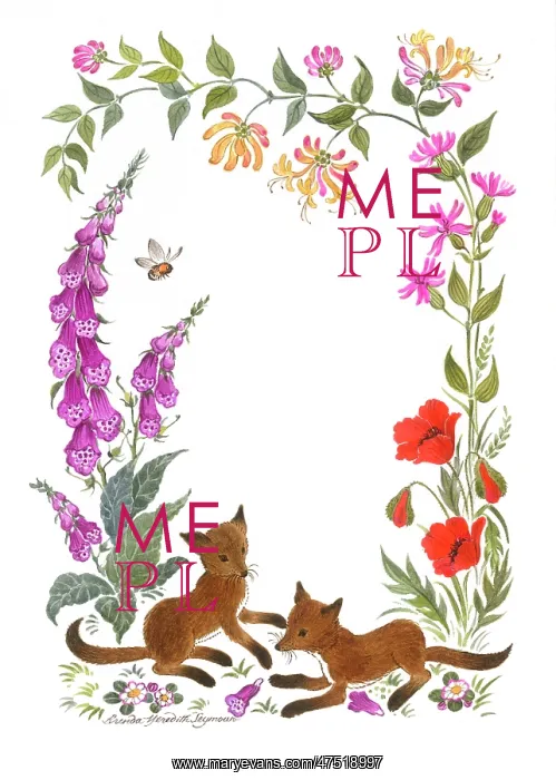 : Border design with fox cubs and flowers : Border design with fox cubs and flowers
