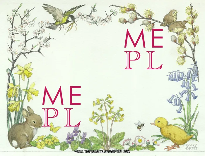 : Border design with rabbit, duckling, birds, daffodils, primr : Border design with rabbit, duckling, birds, daffodils, primr