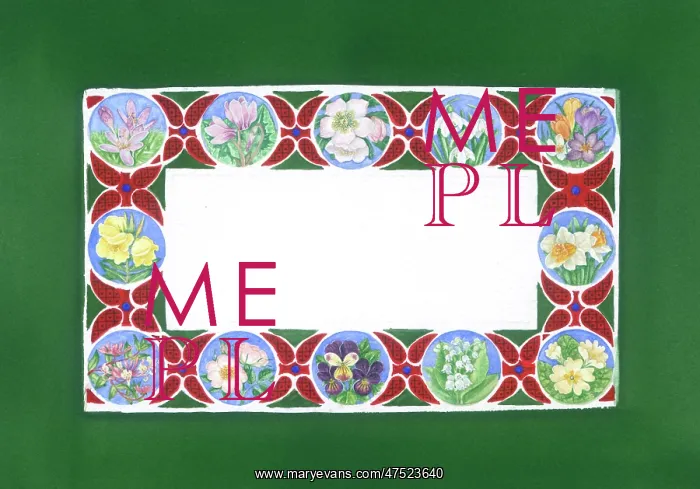 : Border of Flower Roundels ? pansies, daffodils : Border of Flower Roundels ? pansies, daffodils