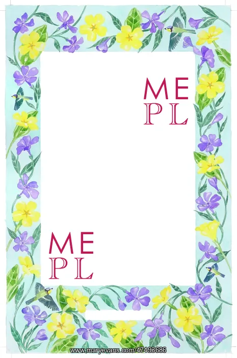 : Border of Primroses and Periwinkle with Blue Tits : Border of Primroses and Periwinkle with Blue Tits