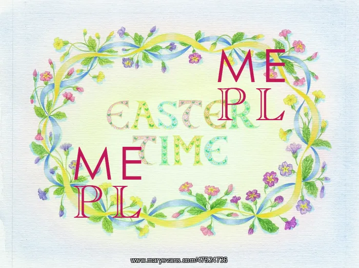 : Border of primulas & ribbon with Easter Time : Border of primulas & ribbon with Easter Time