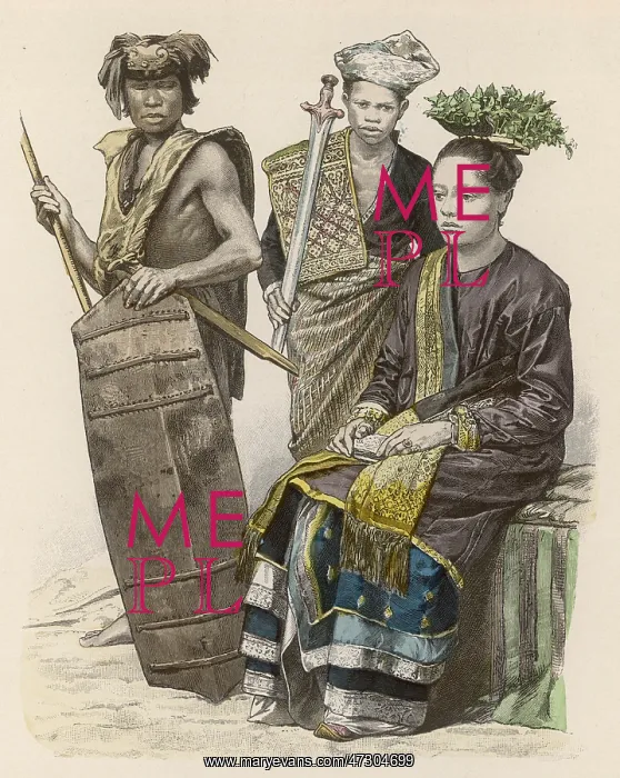 : BORNEO. Three natives of Borneo: two warriors (Dyaks) and a princess : BORNEO. Three natives of Borneo: two warriors (Dyaks) and a princess