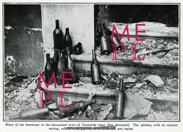 : Bottles in the ruins of Termonde, Belgium, WW1 : Bottles in the ruins of Termonde, Belgium, WW1