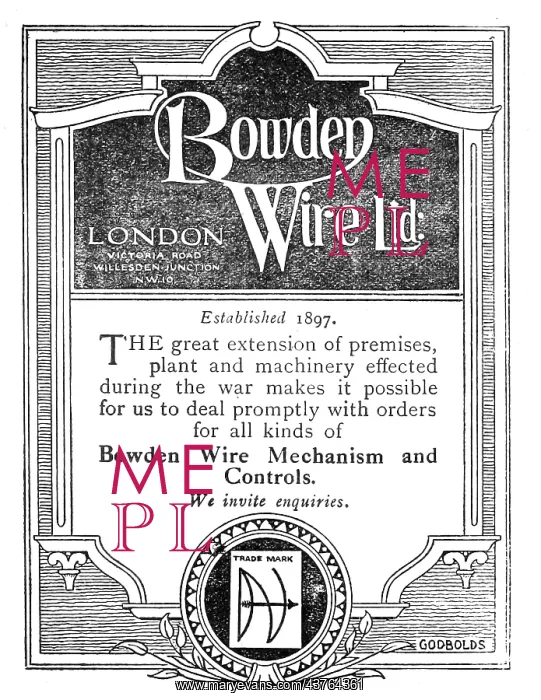  : Bowden Wire.Mechanism & Controls - 1919 Advert