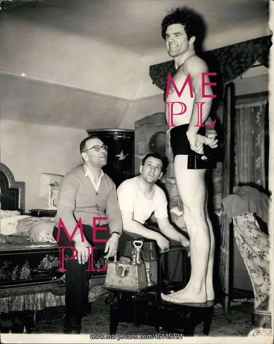 : Boxing. Jan. 11, 1950 - Freddie Mills Weighs-In And Adds A Little Make-Weight : Boxing. Jan. 11, 1950 - Freddie Mills Weighs-In And Adds A Little Make-Weight