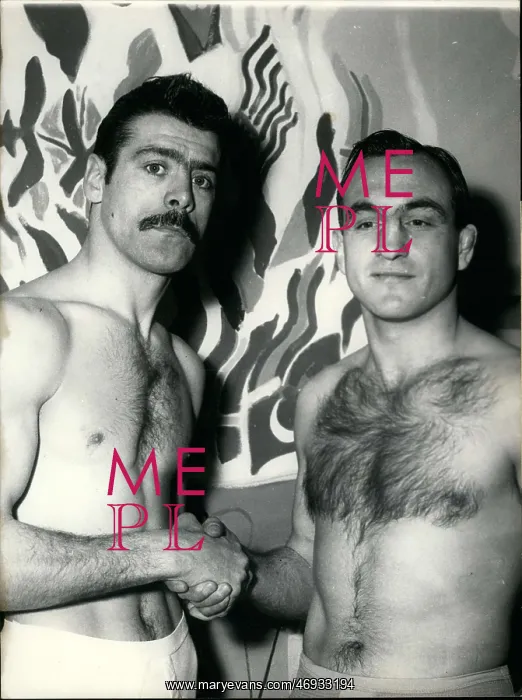 : Boxing. Mar. 04, 1957 - Charles Humez and Germinal Ballarin shake hands : Boxing. Mar. 04, 1957 - Charles Humez and Germinal Ballarin shake hands