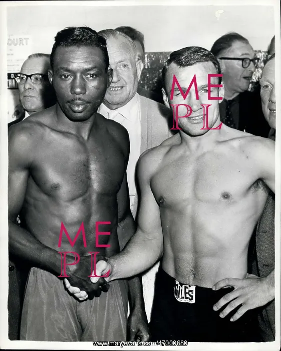 : Boxing. Apr. 18, 1961 - Brown and Charnley weigh in for tonights tittle fight : Boxing. Apr. 18, 1961 - Brown and Charnley weigh in for tonights tittle fight