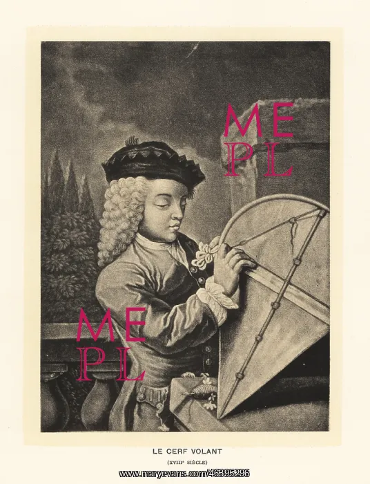 : Boy adjusting the string to a kite, 18th century : Boy adjusting the string to a kite, 18th century