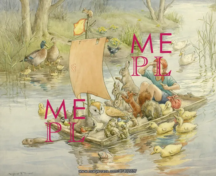  : A boy and animals on a raft