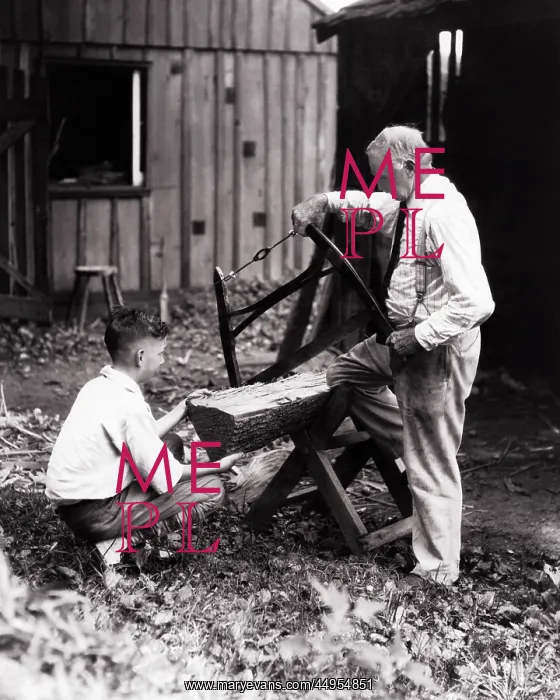 : Boy Assisting Man Bucking Cutting Firewood to : Boy Assisting Man Bucking Cutting Firewood to