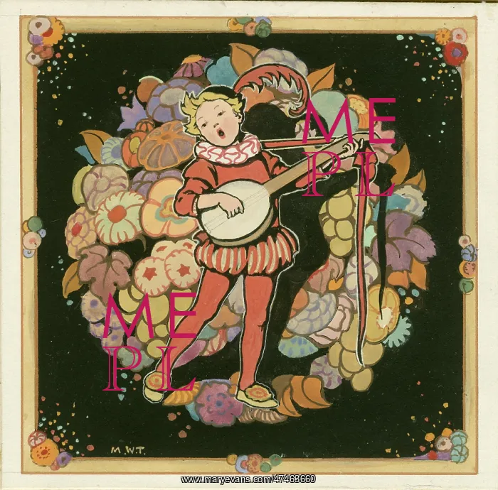 : Boy with banjo with circle of flowers behind : Boy with banjo with circle of flowers behind
