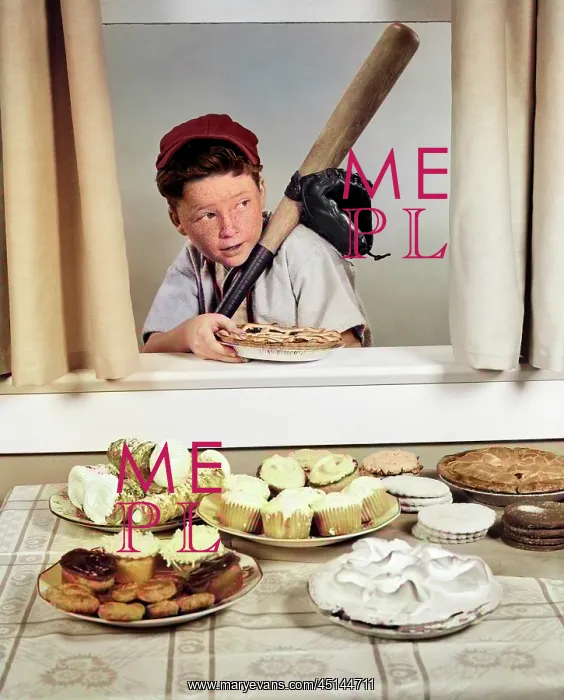 : Boy in Baseball Garb with Bat Sneaking Pie Through : Boy in Baseball Garb with Bat Sneaking Pie Through