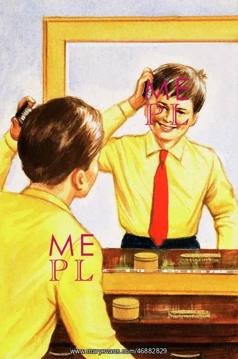 : Boy brushing his hair in a mirror backed with a thin layer o : Boy brushing his hair in a mirror backed with a thin layer o