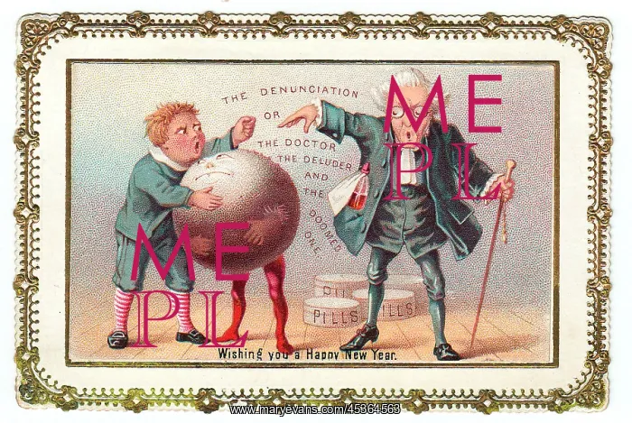 : Boy with doctor and pudding on a comic New Year card : Boy with doctor and pudding on a comic New Year card
