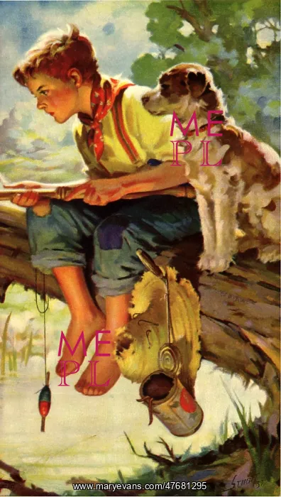 : Boy and Dog Fishing : Boy and Dog Fishing