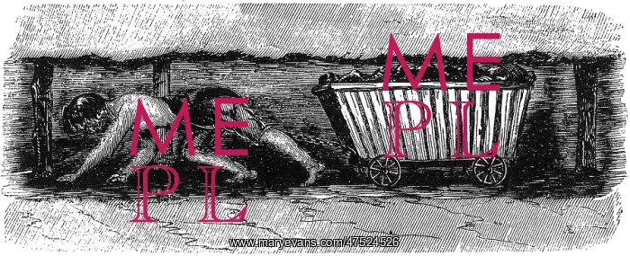 : Boy dragging coal wagon with harness and chain in mine : Boy dragging coal wagon with harness and chain in mine