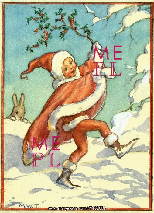 : A boy dressed as father Christmas prances through the snow : A boy dressed as father Christmas prances through the snow