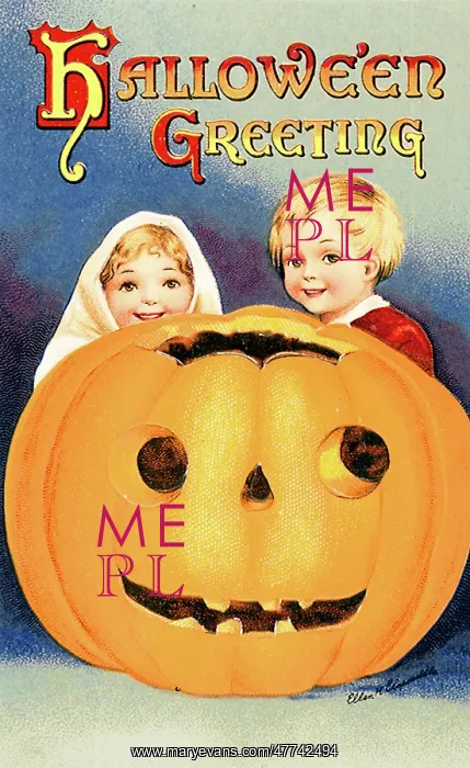 : Boy and Girl behind large Jack O Lantern : Boy and Girl behind large Jack O Lantern